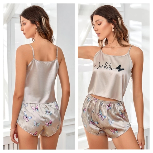 Other - Just Believe 2 Piece Butterfly Print Khaki Sleep PJ Matching Satin Short Set